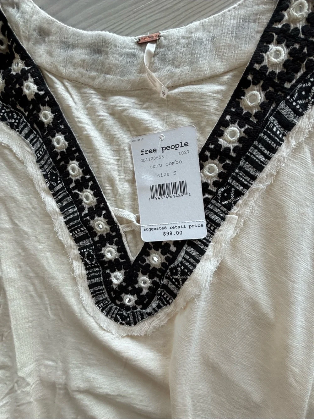 Free People Market Place V-Neck Top in the color Ecru Combo Size Small